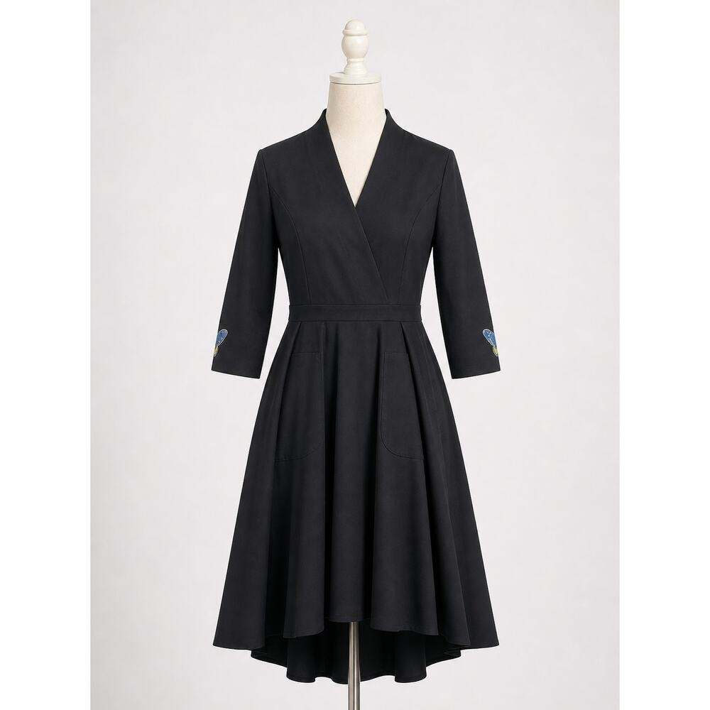 Black Long Sleeve Dress with Butterfly Patch Sleeves Pockets Large